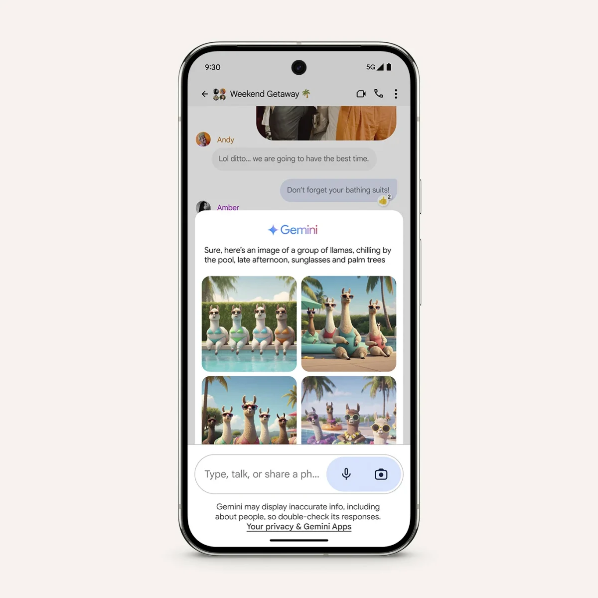 Google Gemini: Tela de smartphone mostrando conversa com Gemini gerando imagens de lhamas em cenário de piscina.