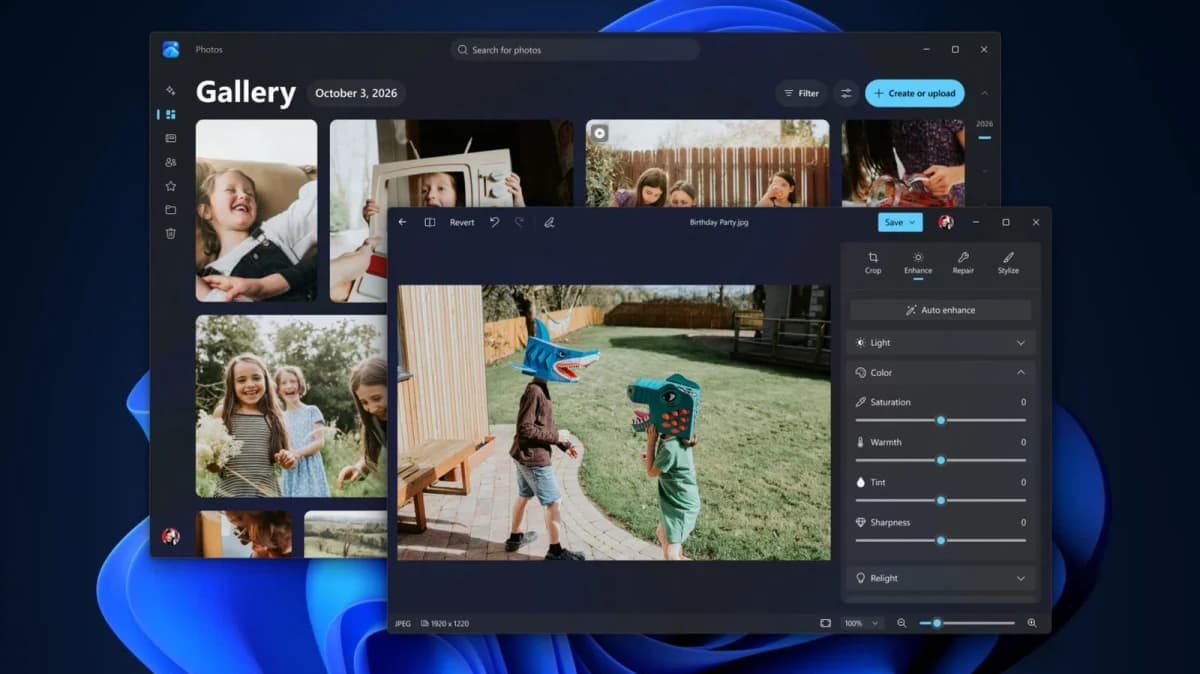 Microsoft Windows 11 atualização de desempenho gestão de memória: Captura de tela escura do app Fotos do Windows 11 com galeria à esquerda e editor de imagem co