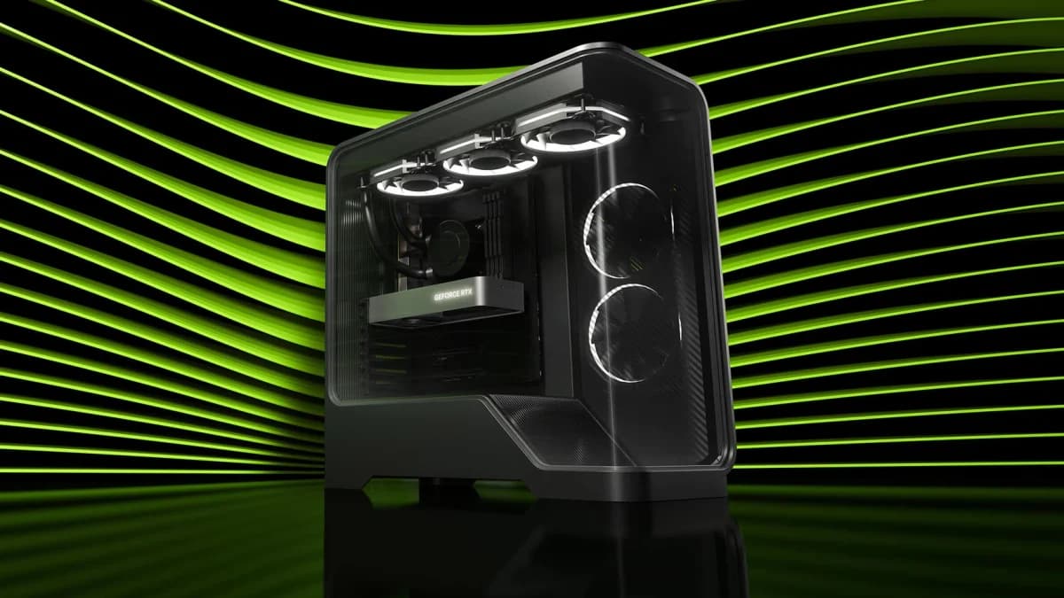 NVIDIA computadores ou componentes de PC atuais: Render de torre de PC preta com painel de vidro, ventoinhas iluminadas em branco e placa de vídeo visível, sobr