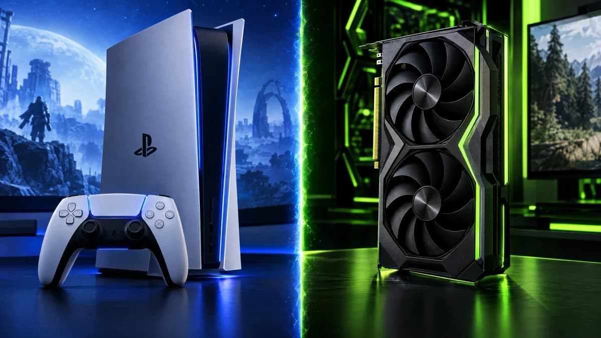 Sony PlayStation 6: Console branco de videogame ao lado de controle, em fundo azul; à direita, placa de vídeo preta com iluminação verde.