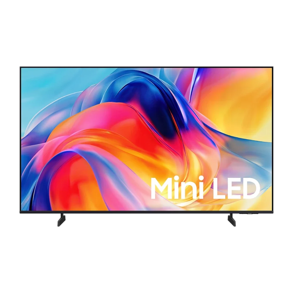 Samsung Mini LED M75H 55": TV de frente com moldura preta fina e pés pretos, tela com cores vivas em degradê, fundo cinza-azulado claro.