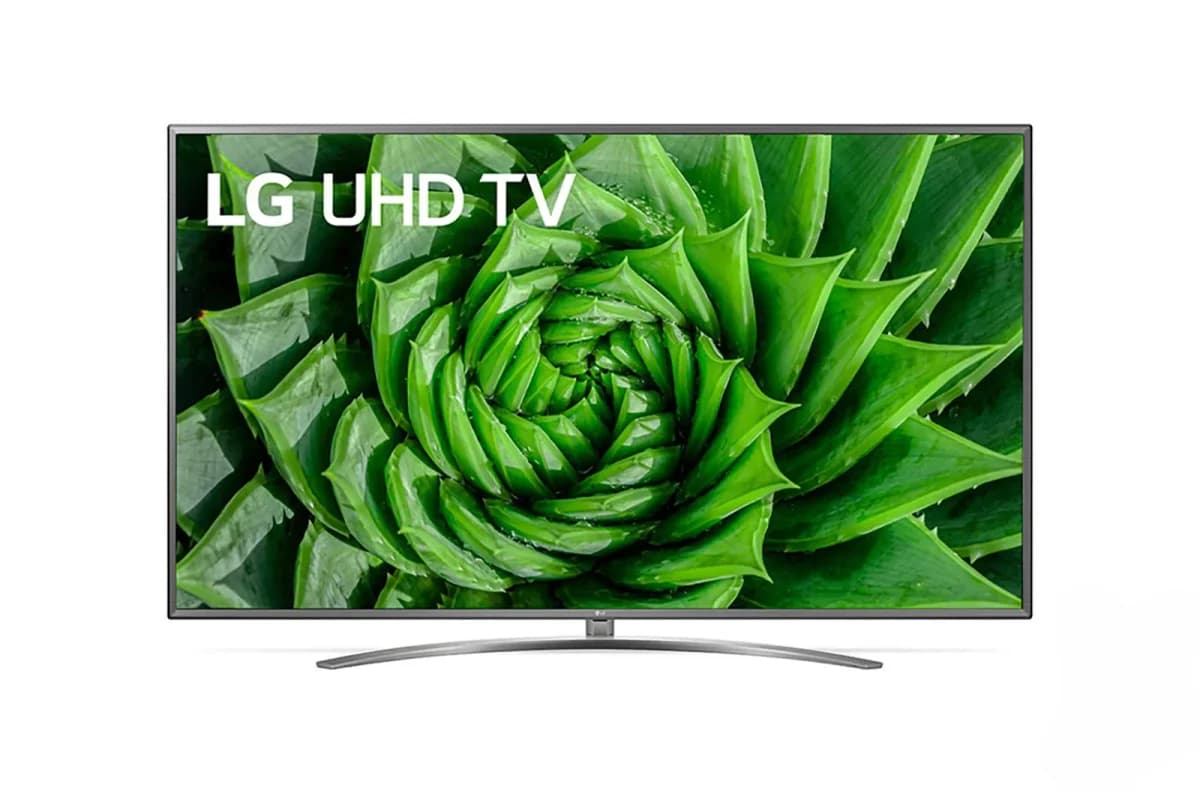 LG 55UN85C 4K 55": TV LG de frente em fundo branco, com moldura cinza escura, base prateada curva e tela mostrando planta verde em close.