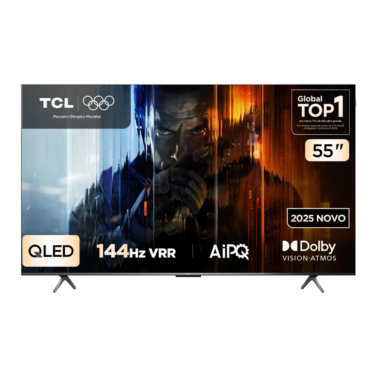 TCL 55P8K QLED 4K 55": TV vista de lado em perfil fino, mostrando a parte traseira com portas e o pé em X, sobre fundo cinza-claro.