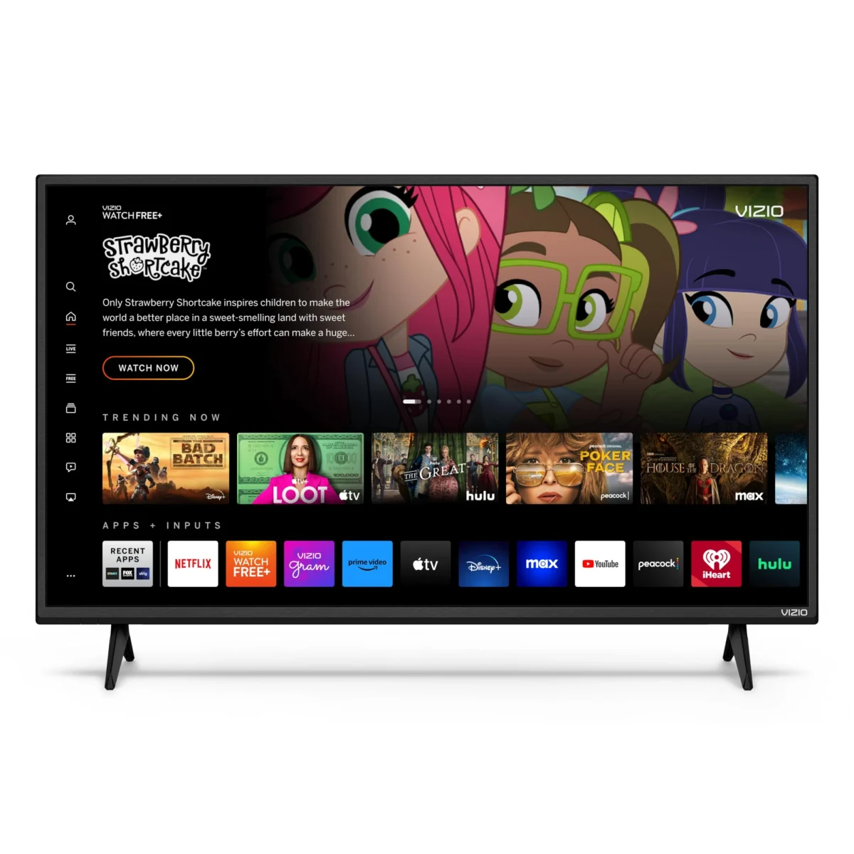 Vizio TV por assinatura e TV online: TV de tela plana preta, vista frontal, com interface de streaming mostrando desenho infantil, em fundo branco.