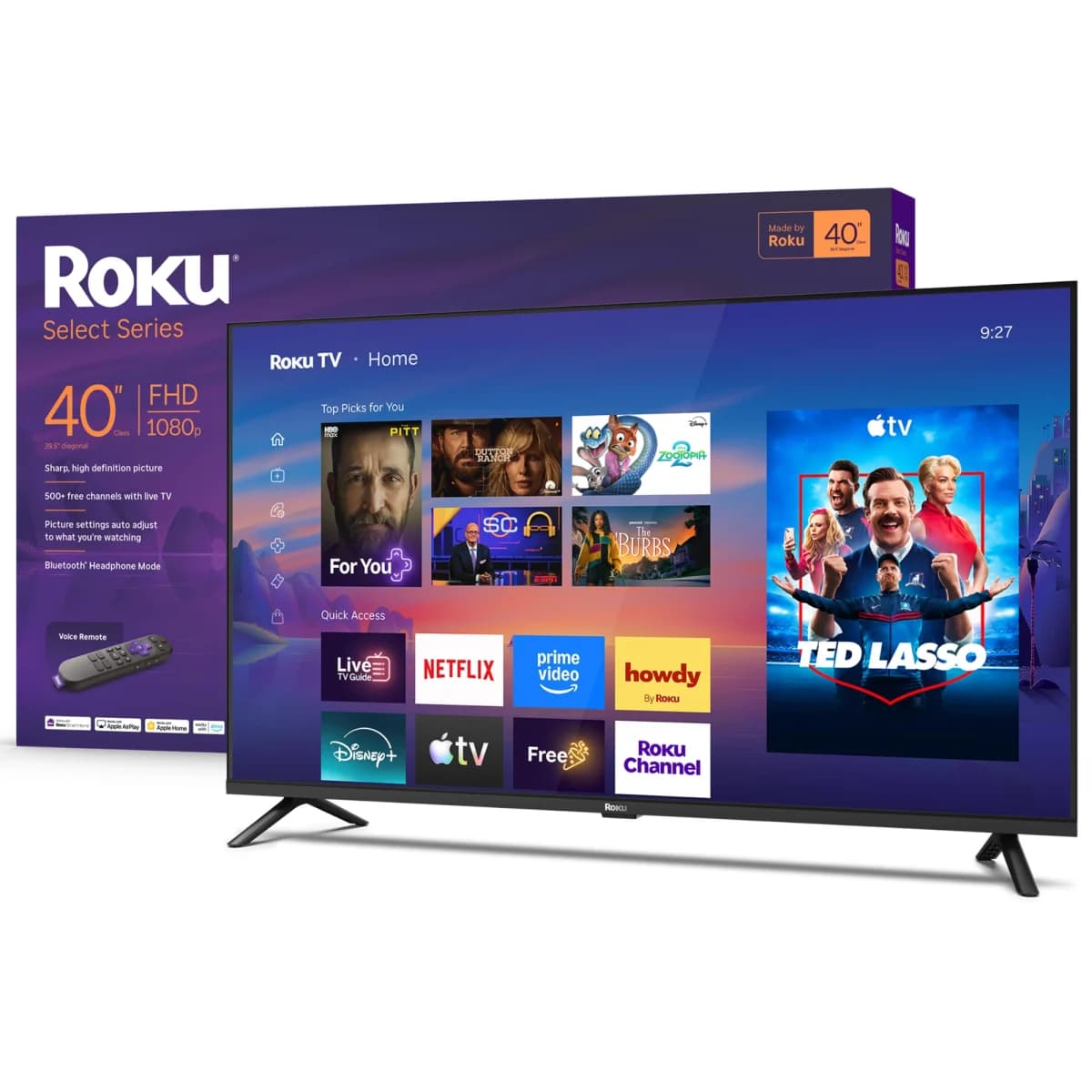 Roku TV por assinatura e TV online: TV de 40 polegadas ao lado de caixa roxa, com tela inicial mostrando série e fileiras de aplicativos de streaming.