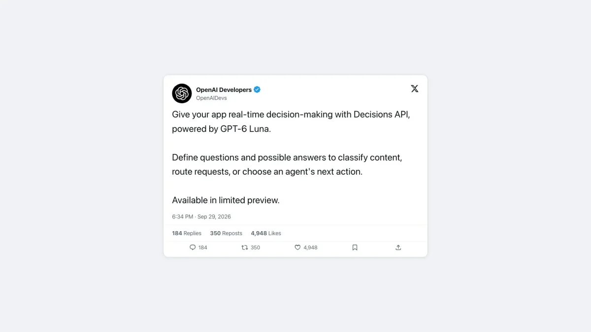 OpenAI Decisions API: Captura de postagem da conta OpenAI Developers no X anunciando a Decisions API, com GPT-6 Luna, em fundo cinza claro