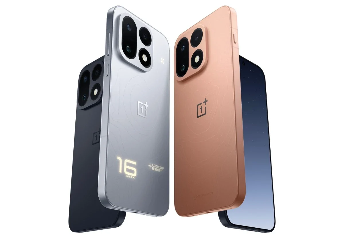 OnePlus OnePlus 16: Quatro celulares em fundo claro, de costas e de lado, nas cores preta, prateada e bronze, com a tela de um deles visível à direita.