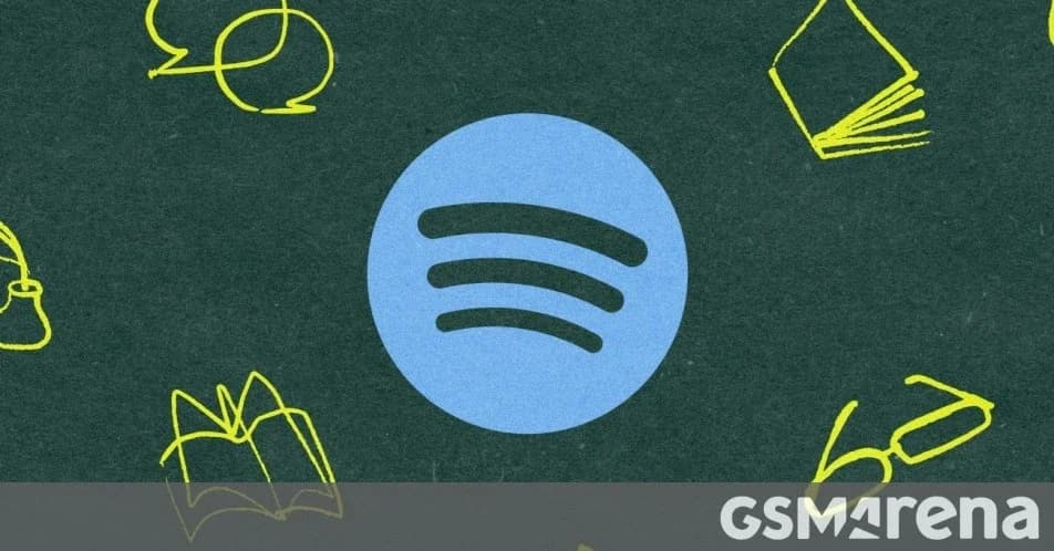 Spotify Audiobooks: Logo azul do Spotify sobre fundo verde-escuro com desenhos amarelos de livros e óculos, com marca d'água do GSMArena