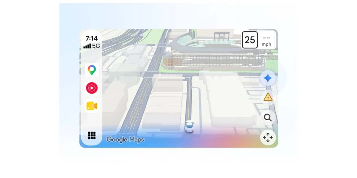 Google Gemini no Google Maps (CarPlay) e Personal Intelligence no Android Auto: Tela de navegação do Google Maps em tela de carro, com mapa 3D, velocidade de 25
