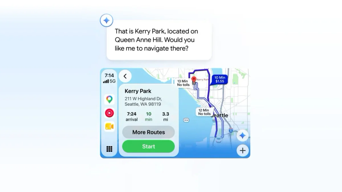 Google Gemini no Google Maps (CarPlay) e Personal Intelligence no Android Auto: Tela de navegação do Google Maps com balão de chat do Gemini sugerindo rota para