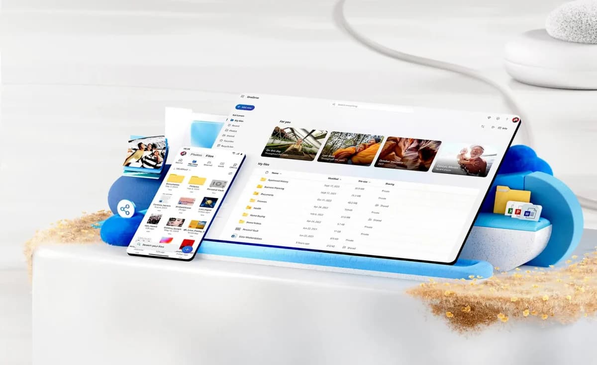 Microsoft Microsoft 365 Family: Render de celular e notebook azul-claros exibindo a interface de arquivos em nuvem, sobre base branca com nuvens azuis.