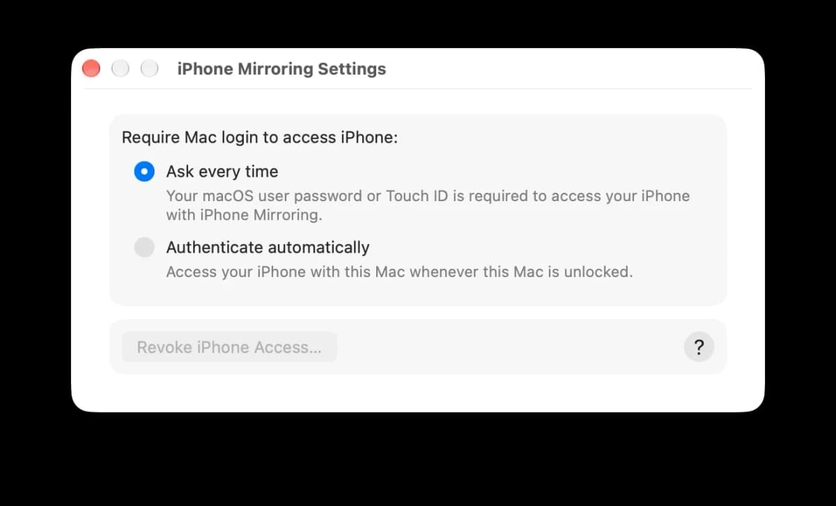 macOS Golden Gate 27.2 beta, sistema operacional da Apple: Janela de configurações de espelhamento do iPhone no Mac, com opções de login em cinza e azul sobre f
