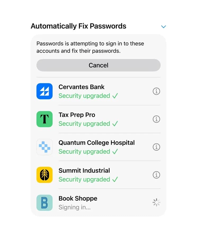 Apple macOS Golden Gate 27.2 beta: Captura de tela da função de corrigir senhas automaticamente, com lista de contas bancárias e de outros apps marcados como se