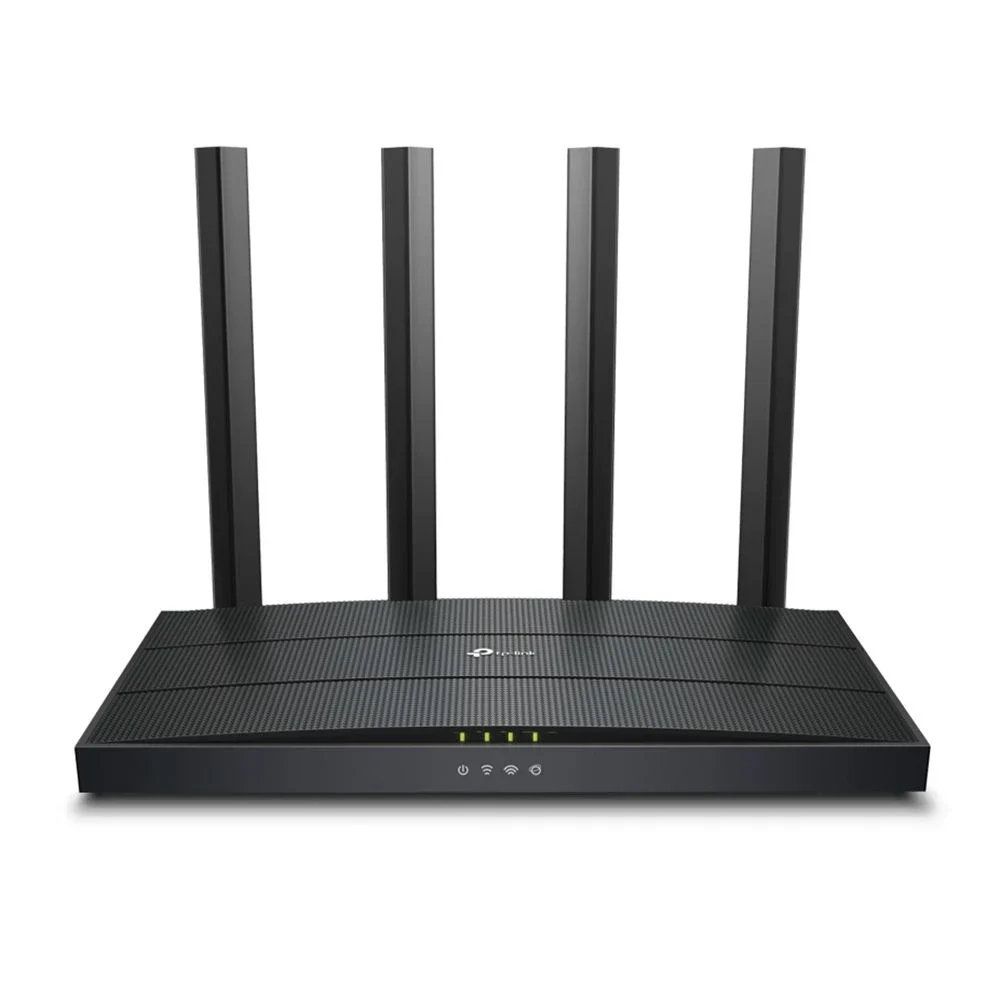TP-Link EX1500: Roteador preto com quatro antenas, visto de frente, com luzes indicadoras verdes na base