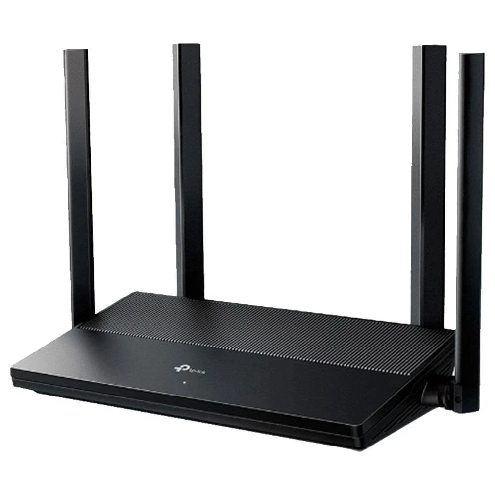 TP-Link EX1500: Roteador preto com quatro antenas em ângulo lateral, fundo branco