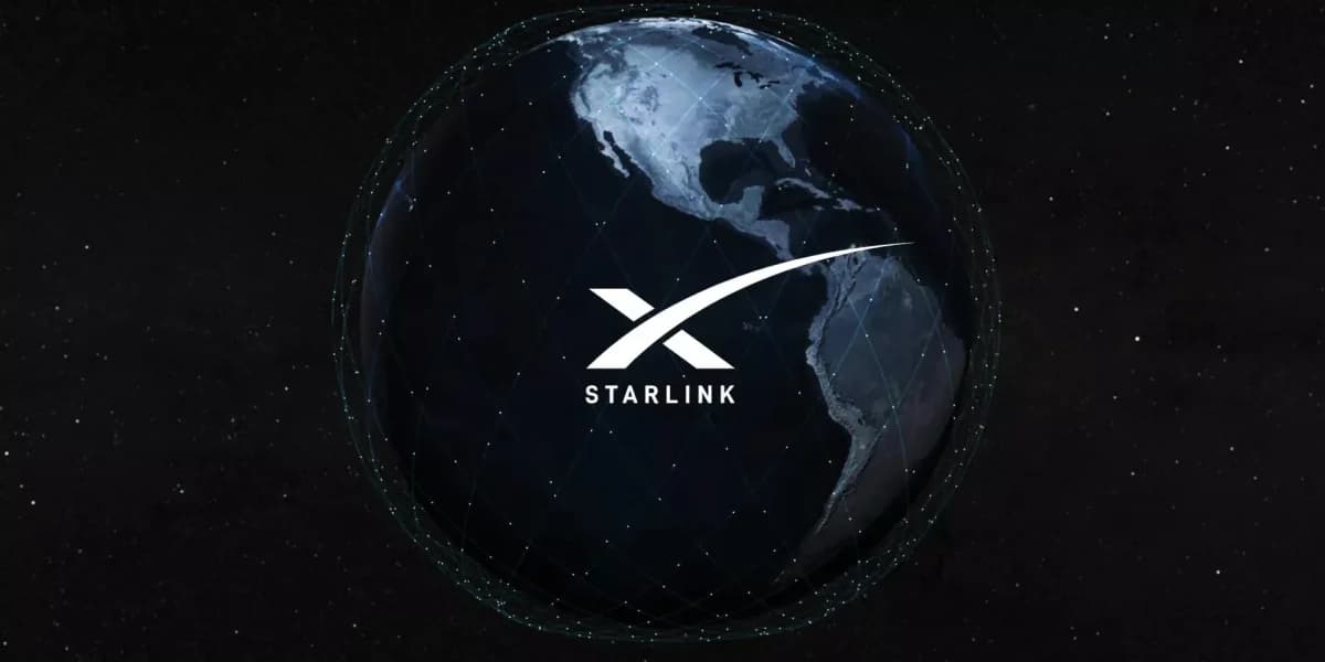 SpaceX Starlink Mobile: Globo terrestre escuro com a logo da Starlink no centro e uma rede de órbitas de satélites ao redor