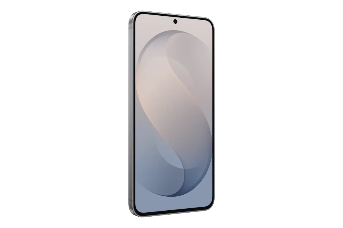 Samsung Galaxy S26 FE: Smartphone visto de frente em ângulo, com tela ligada em tons de bege e azul acinzentado, câmera frontal no topo central e moldura pratea