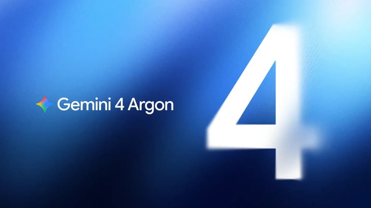 Google Gemini 4 Argon, modelo de IA do Google: Fundo degradê azul com o logo Gemini 4 Argon à esquerda e um grande número 4 em branco desfocado à direita.