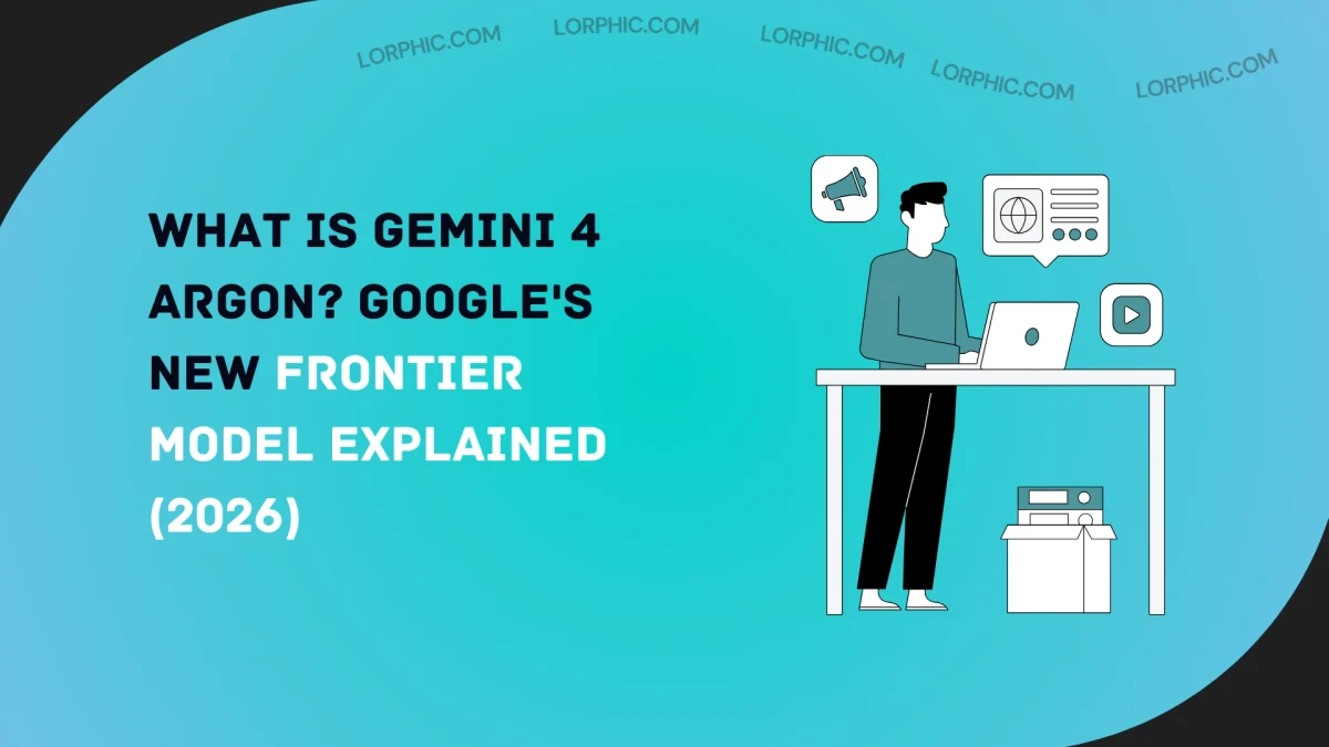 Gemini 4 Argon, modelo de IA do Google: Ilustração em fundo ciano de um homem de camiseta trabalhando num notebook sobre uma mesa, com ícones de vídeo, globo e