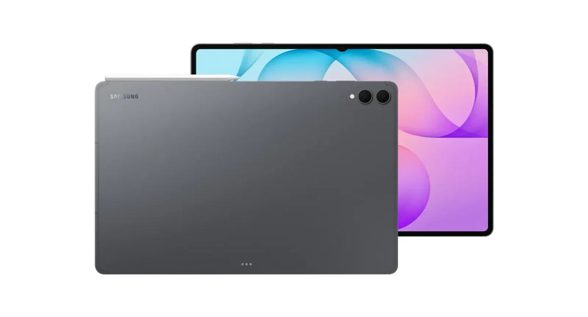 Samsung Galaxy Tab S12 Ultra: Tablet visto de trás, na cor cinza-grafite, com câmeras no canto superior direito e a tela lilás e azulada aparecendo atrás, em fu