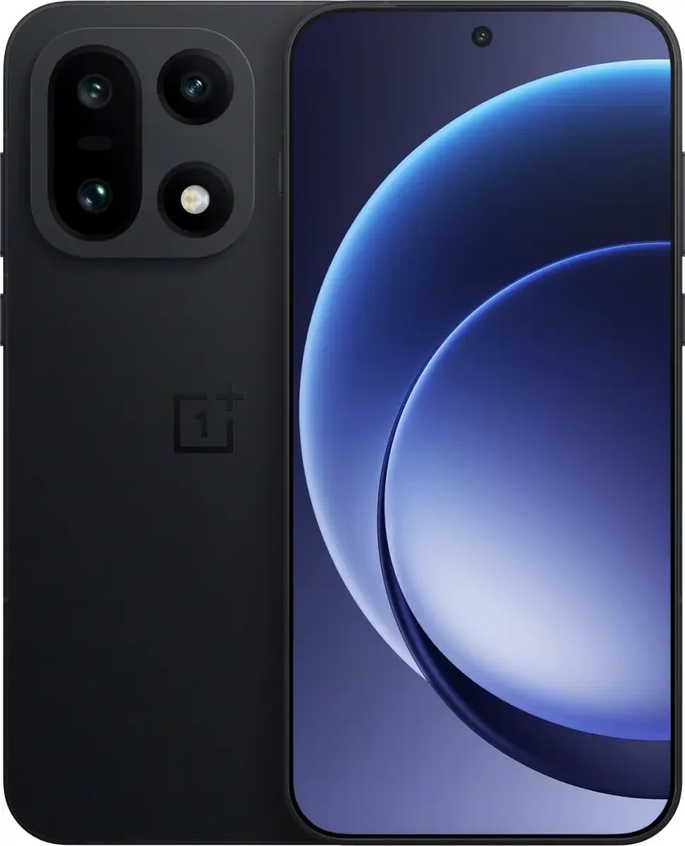 OnePlus 16: Celular preto de frente e de costas, com módulo de câmeras traseiro em três lentes e logotipo 1+ na tampa